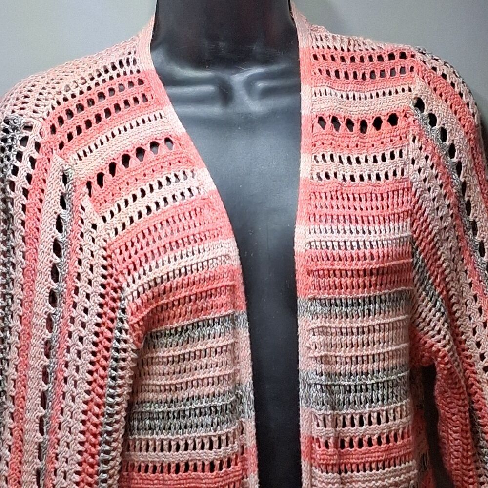 Boho Crochet Knit Long Duster Cardigan Open Front Pink Coral Striped Sweater M